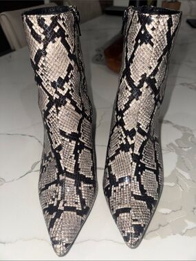 Jeffrey Campbell Black and Gray Snake-Print Pointed Ankle Booties